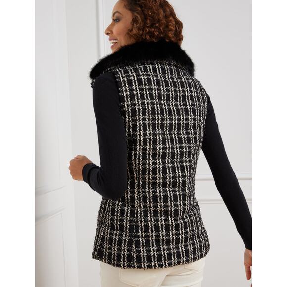 Talbots faux fur collar down puffer tweed vest sz large - Picture 2 of 13